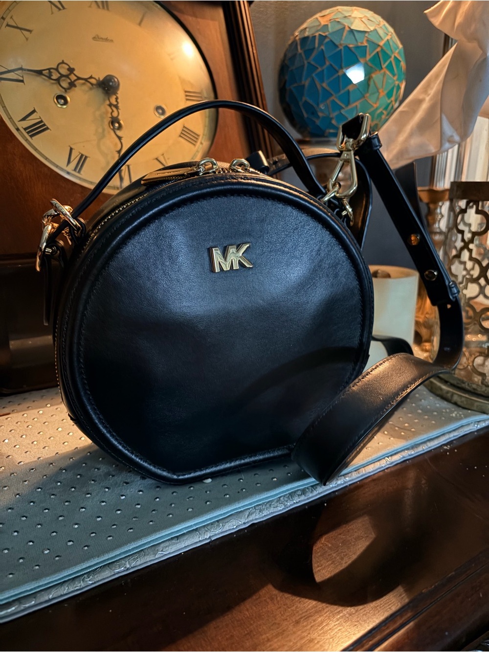 Michael Kors Black Round Leather Crossbody with Gold Hardware